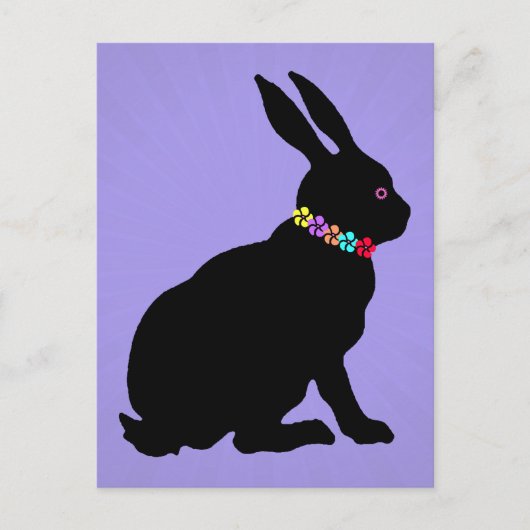 シルエットの花に座った黒いかわいらしうさぎ ポストカード (正面)