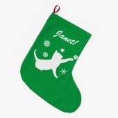 シルエットの雪片と遊んでいる猫 ラージクリスマスストッキング (正面 (吊り時))