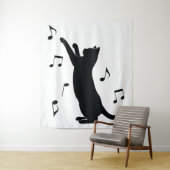 シルエットの音符と遊んでいる猫 タペストリー (インサイチュ)