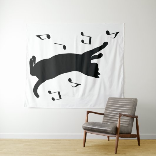 シルエットの音符と遊んでいる猫 タペストリー (インサイチュ(横))