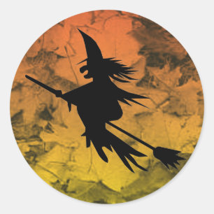 シルエットの飛んでいるな魔法使いの紅葉ハロウィン ラウンドシール