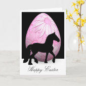 シルエットの馬およびピンクの花の卵のハッピーイースター カード (黄色い花)