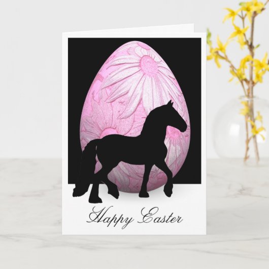 シルエットの馬およびピンクの花の卵のハッピーイースター カード (黄色い花)