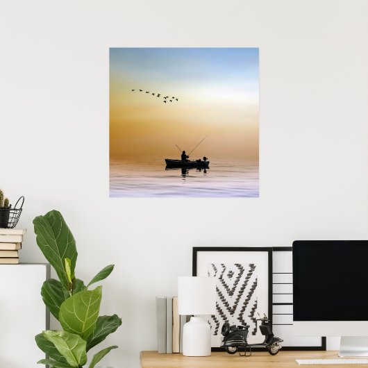 シルエットアングラー魚釣りオンレイク ポスター (ホームオフィス)