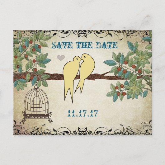 シルエットイエローバーズバードケージ日付保存 案内ポストカード (正面)