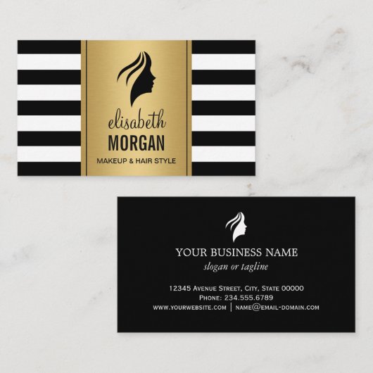 シルエットウーマン顔金ゴールドストライプ白黒 名刺 (正面/裏面)