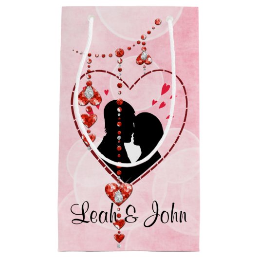 シルエットカップルのハート赤いハート宝石 スモールペーパーバッグ (正面)