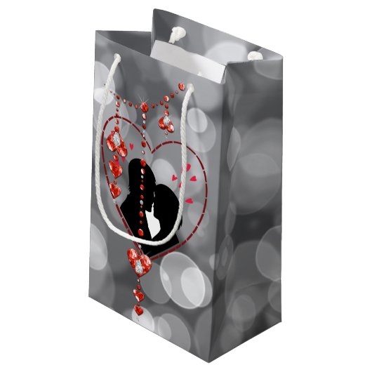 シルエットカップルのハート赤いハート宝石《写真》ぼけ味 スモールペーパーバッグ (裏面アングル)
