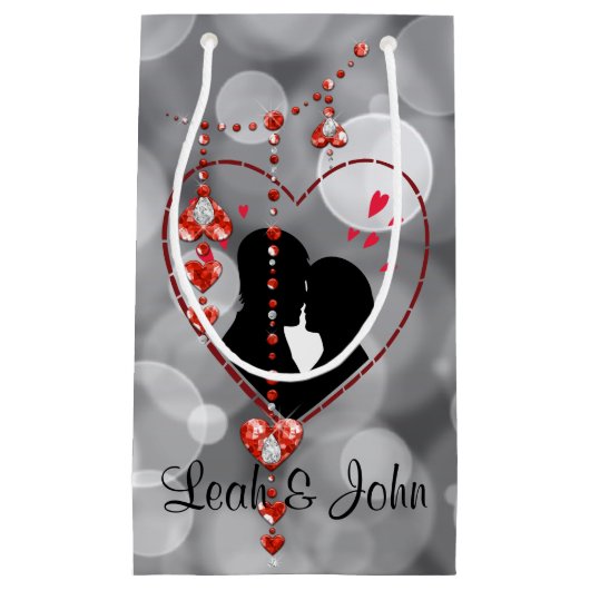 シルエットカップルのハート赤いハート宝石《写真》ぼけ味 スモールペーパーバッグ (正面)