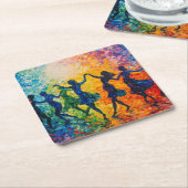 シルエットカラフル踊り スクエアペーパーコースター (アングル)