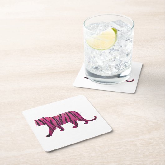 シルエットタイガーピンクとブラック スクエアペーパーコースター (インサイチュ)