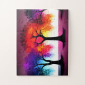 シルエットツリーと紫とオレンジ子供へ ジグソーパズル (縦)