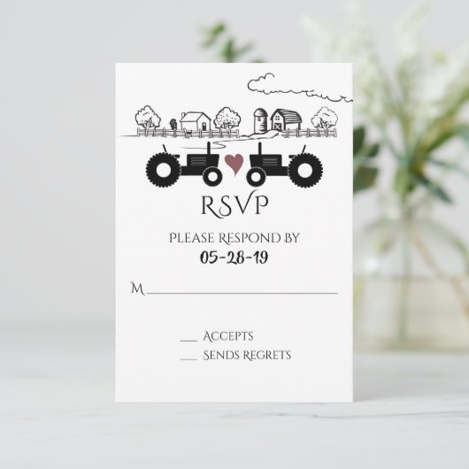 シルエットトラクターとファームブラック – 白結婚色 出欠カード (スタンド正面)
