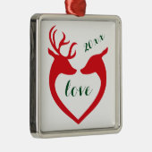 シルエットパーソナライズされたハート鹿カップル恋 メタルオーナメント (右)
