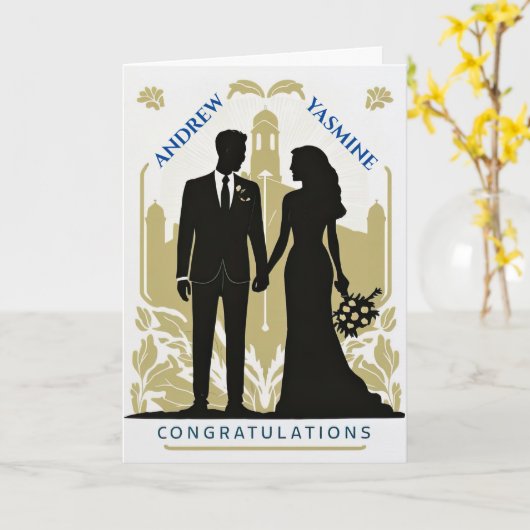 シルエットブライダルパーソナライズされた対結婚数 カード (黄色い花)