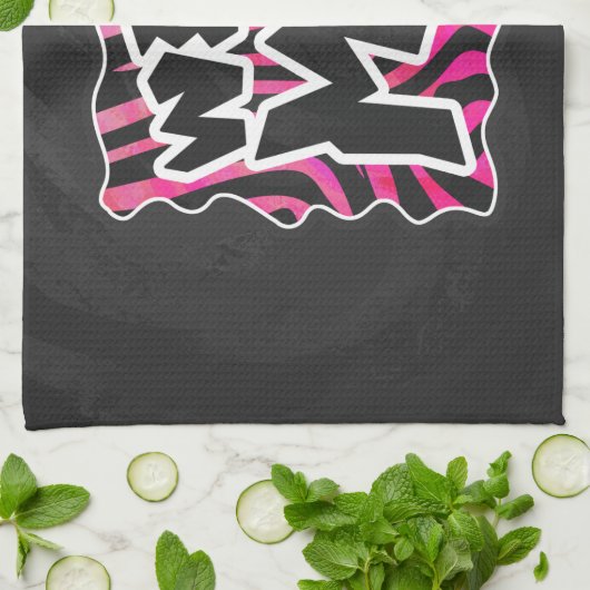 シルエットブラックとホットピンクゼブラ キッチンタオル (折り畳み)