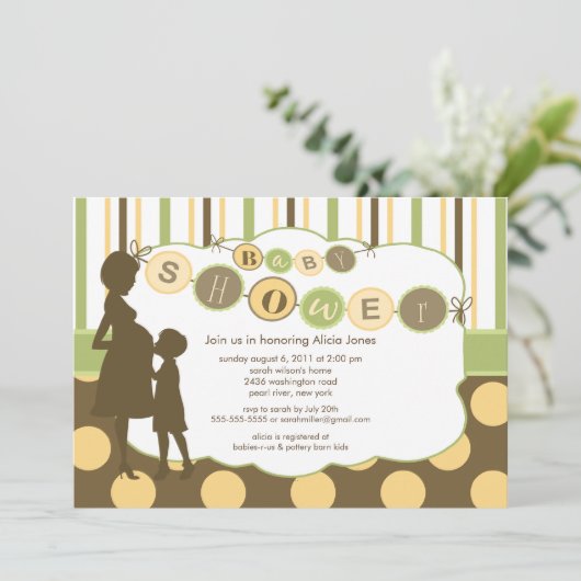 シルエットマムベビーシャワーベビー緑黄色茶 招待状 (スタンド正面)