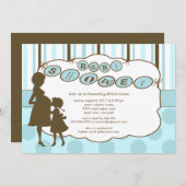 シルエットマムベビーシャワー男の赤ちゃん青褐色 招待状 (正面/裏面)