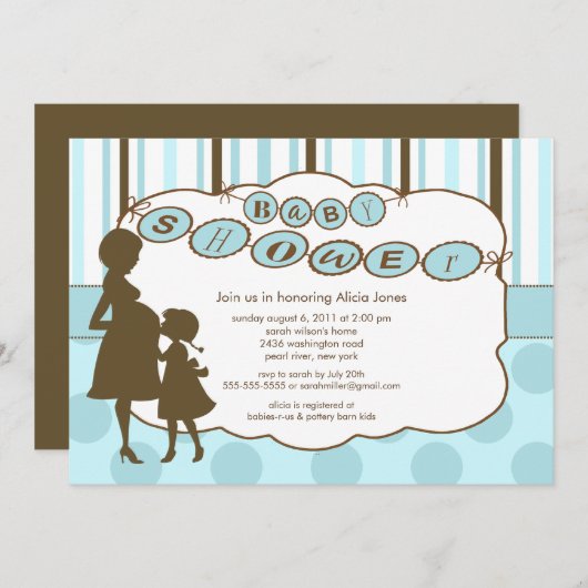シルエットマムベビーシャワー男の赤ちゃん青褐色 招待状 (正面/裏面)