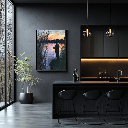 シルエットマン魚釣りアットサンセット – 印象派 ポスター