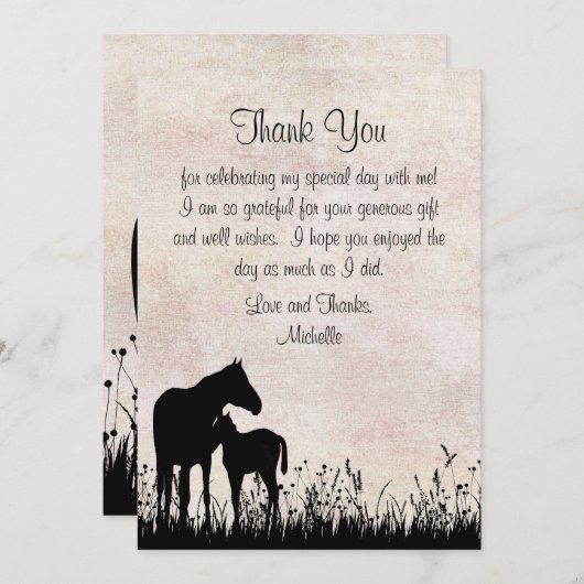 シルエットマーレとフォアホース馬ベビーシャワーフラット サンキューカード (正面/裏面)