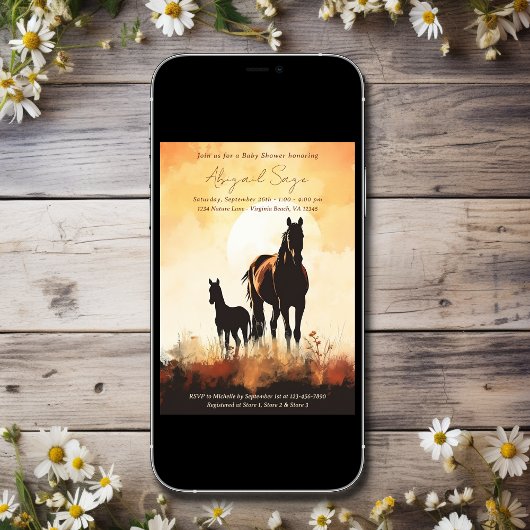 シルエットマーレとフォールサンセットホース赤ちゃんシャワー 招待状