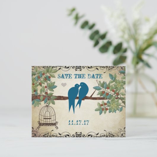 シルエットラブバード鳥かご木の日付を保存 案内ポストカード (スタンド正面)