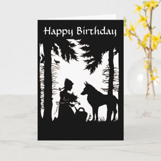 シルエットレッドライディングフードウルフウズウッズ誕生日 カード (黄色い花)