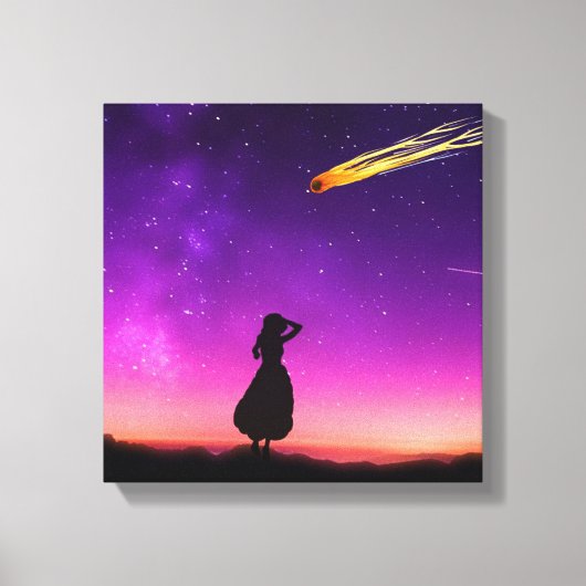シルエット少女が隕石が地球に衝突するのを見る キャンバスプリント (正面)