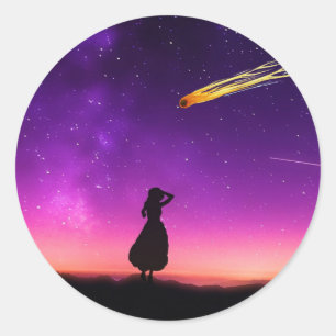 シルエット少女が隕石が地球に衝突するのを見る ラウンドシール