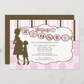 シルエット・マム・ベビー・シャワー・ベビーガール・ピンク 招待状 (正面/裏面)