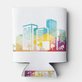 シルエットcityscape建物アイコンの色の都市 缶クーラー (裏面)