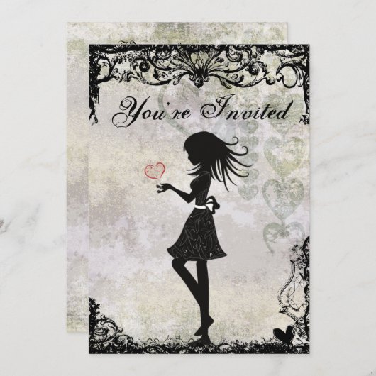 シルエッ10代のトガールとハート誕生日招待状 招待状 (正面/裏面)