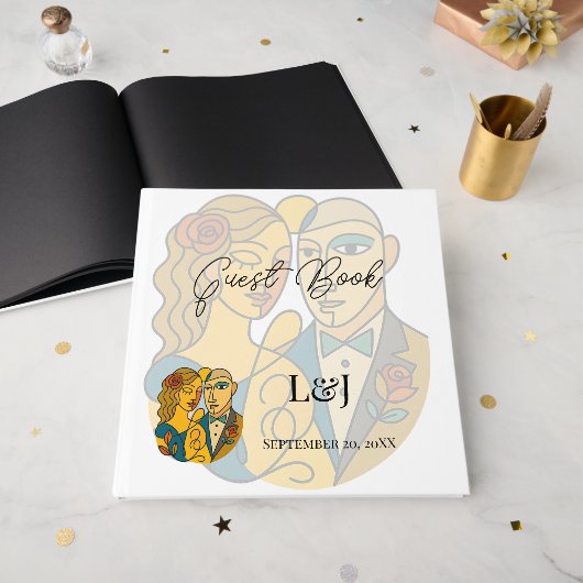 シルエ芸術的ットデスティネーションウェディングモダンアート ゲストブック (正面見開き)