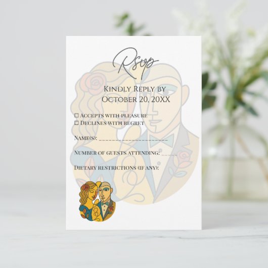 シルエ芸術的ットデスティネーションウェディングモダンアート 出欠カード (スタンド正面)