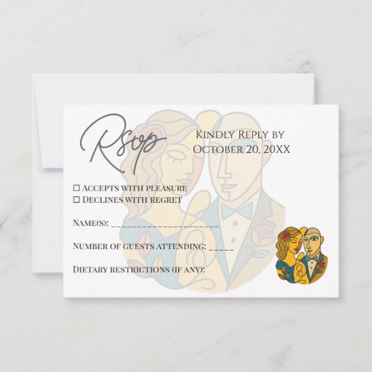 シルエ芸術的ットデスティネーションウェディングモダンアート 出欠カード (正面)