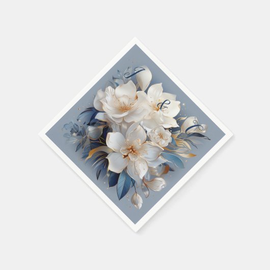 シルキーの青 – 白と金ゴールドのエッジのブケッツ スタンダードカクテルナプキン (角)