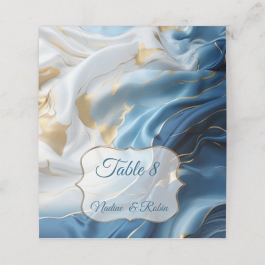 シルキーの青 – 白と金ゴールドのエッジのブケッツ プレイスカード (外部開封)