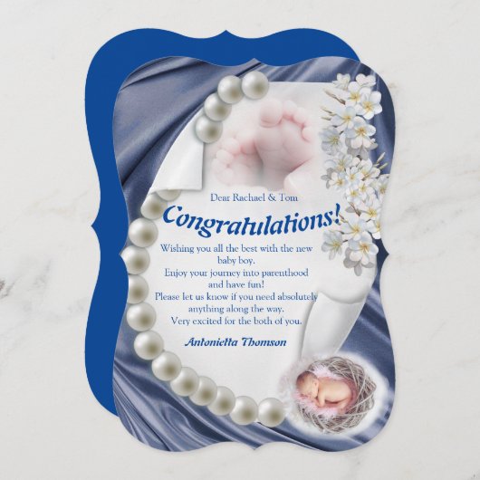 シルキーアイボリーパールベビーおめでとうカード 招待状 (正面/裏面)