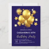 シルキーゴールデンバルーンズスターズネイビー誕生日 招待状 (正面)