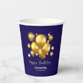 シルキーゴールデンバルーンズスターズネイビー誕生日 紙コップ (正面)