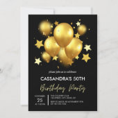 シルキーゴールデンバルーンズスターズブラック誕生日 招待状 (正面)