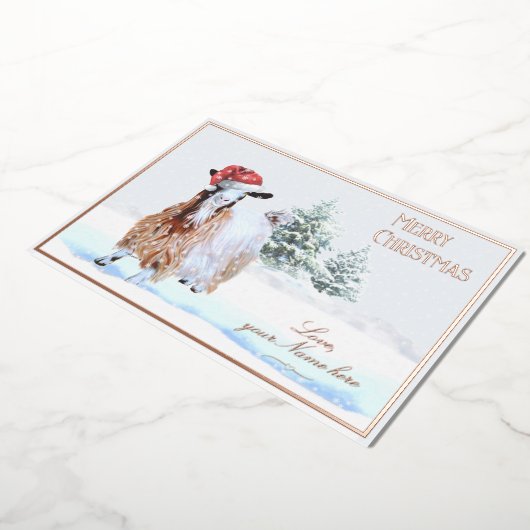 シルキーマギーヤギのフォイルホリデーカード – シーン2 箔招待状 (回転した状態)