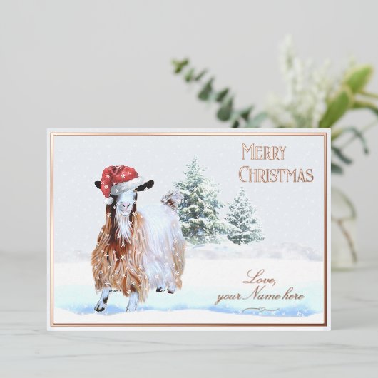 シルキーマギーヤギのフォイルホリデーカード – シーン2 箔招待状 (立ち正面)