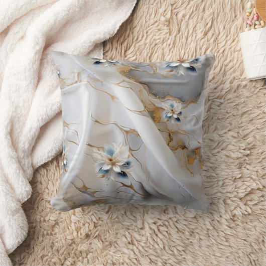 シルクの外観に白とライトブルーのシルキーの花 クッション (ブランケット)