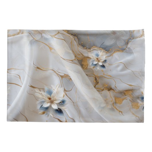 シルクの外観に白とライトブルーのシルキーの花 枕カバー (裏面)