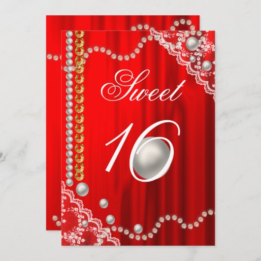 シルクエレガント、ホワイトパール、レースと金ゴールドスウィート16 招待状 (正面/裏面)