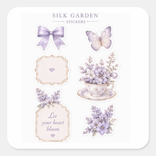 シルクガーデン紫の花ステッカーセット スクエアシール (正面)