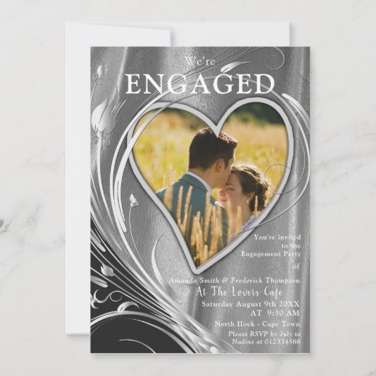 シルクサテン & シルバーフラワーエンゲージメント 招待状 (正面)