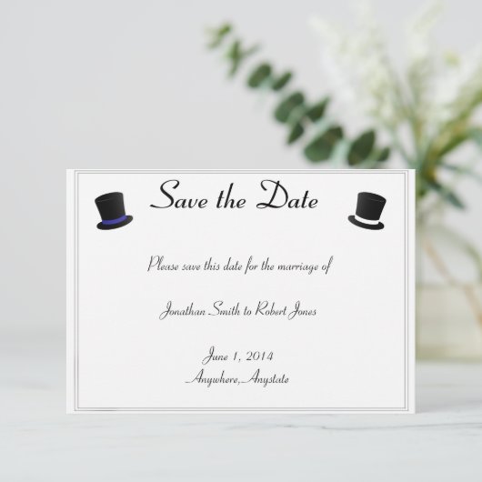 シルクハットのちょうネクタイの青く陽気な結婚式の保存日付 セーブザデート (スタンド正面)